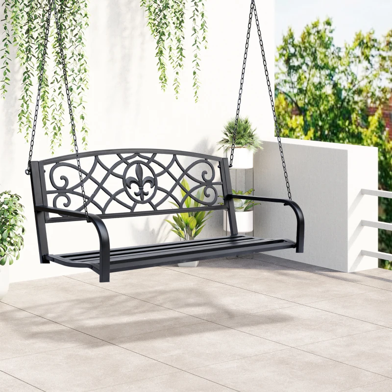 2 Seater Swing Seat Bench, Metal Garden Swing Chair with Chains, Weather Resistant, for the Patio, Yard, Deck and Yard, Black - Image 2