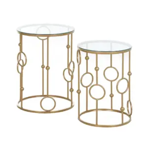 Best Round Coffee Tables Set of 2, Gold Nesting Side End Tables with Tempered Glass Top, Steel Frame for Living Room, Gold