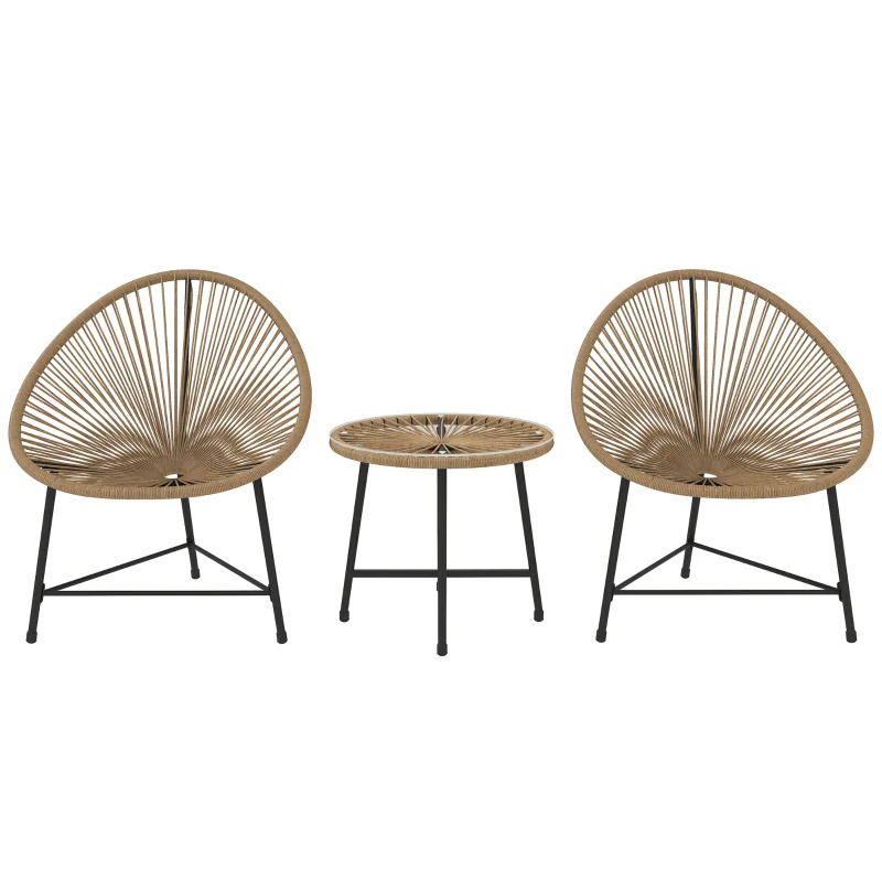 Best 3 Pieces Rattan Bistro Set, Garden Bistro Set with Acapulco Chairs and Glass Top Table, Small Garden Furniture Set with Reinforced Metal Frame for Outdoor, Patio, Balcony, Natural