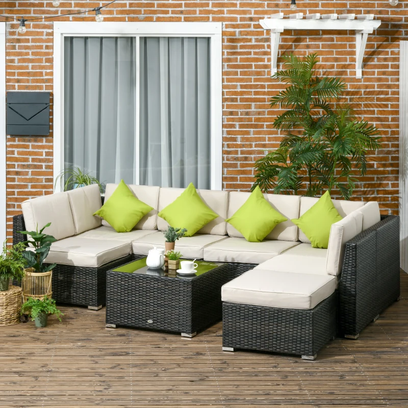 Best 7-Seater PE Rattan Corner Sofa Set, Garden Furniture Set, Patio Wicker Sofa Seater w/ Cushion, Washable Cushion Cover & Tempered Glass Table, Brown - Image 2