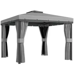 Best 3 x 3(m) Patio Gazebo Canopy Garden Pavilion Tent Shelter Marquee with 2 Tier Roof, Netting and Curtains, Light Grey
