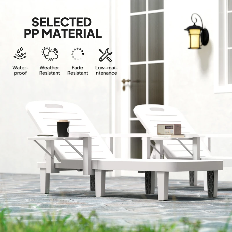 Best Set of 2 Resin Reclining Sun Loungers for Garden, 5 Positions Adjustable Outdoor Chaise Lounge Chairs with Wood Texture Surface, Armrests, Foldable Side Table for Garden, Beach, White - Image 6