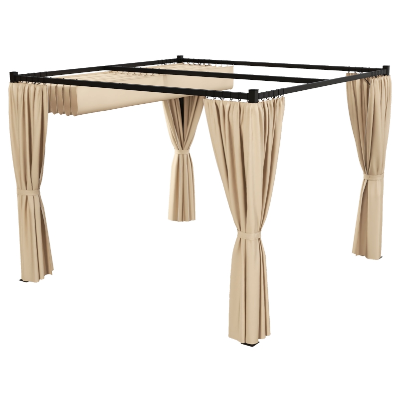 Best 3 x 3(m) Retractable Pergola, Garden Gazebo Shelter with Curtains, for Grill, Patio, Deck, Beige - Image 11