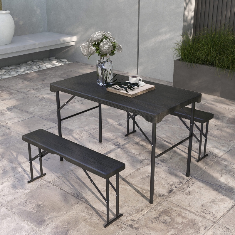 Best Folding Picnic Table with 2 Benches, 3-Piece Portable Garden Furniture Set for 4, Dining Table Set with Plastic Top, Steel Frame, Dark Grey - Image 10