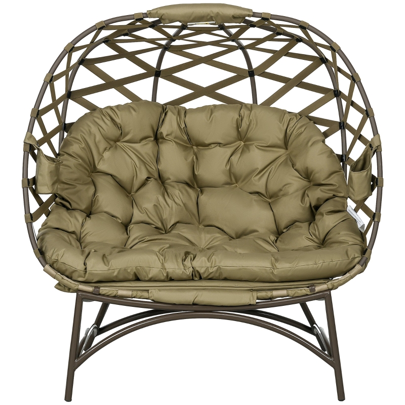 Best 2 Seater Egg Chair Outdoor, Folding Weave Garden Furniture Chair with Cushion, Cup Pockets - Khaki - Image 11