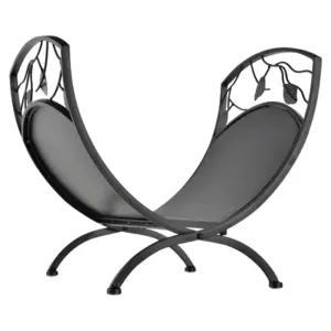 Best Metal Arced Firewood Log Holder Indoor Outdoor Folding Firewood Rack Fireplace Wood Storage Shelf w/ Leaf Pattern Design, Black, 43.5W x 36.5D x 41H cm