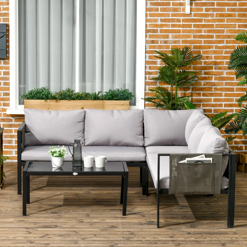 Best 5 Seater Garden Corner Sofa Set, 4 Pieces Metal Garden Furniture Set with Loveseats, Glass Top Coffee Table, Breathable Mesh Pocket, Outdoor Conversation Furniture with Cushions, Light Grey - Image 2