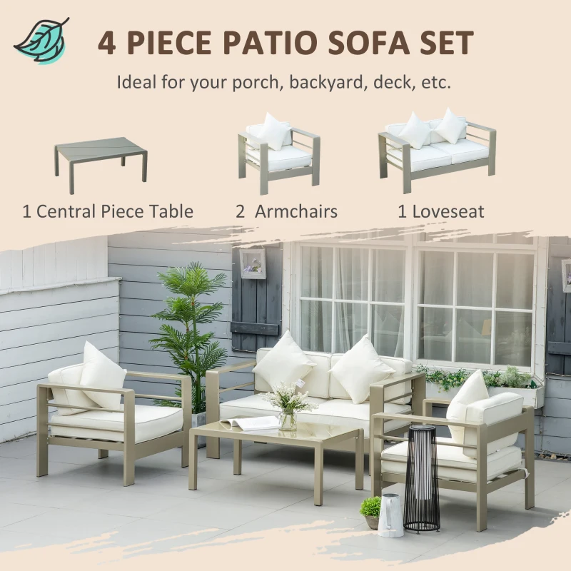 Best 4 Pieces Outdoor Garden Furniture Set, Aluminium Frame Backyard Furniture w/ Thick Padded Cushioned Loveseat, 2 Chairs, and Glass Top Table, Champagne Gold - Image 4