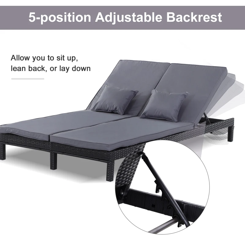 Best 2 Seater Rattan Lounger Adjustable Double Chaise Chair Loveseat w/ Cushion Black - Image 7