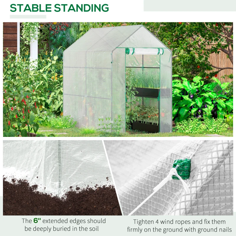 Best Walk In Greenhouse with 2-Tier Shelves, Roll up Zip Panel Door, Garden Polytunnel Steeple Grow House for Outdoor, 6 x 4 x 6ft White - Image 6