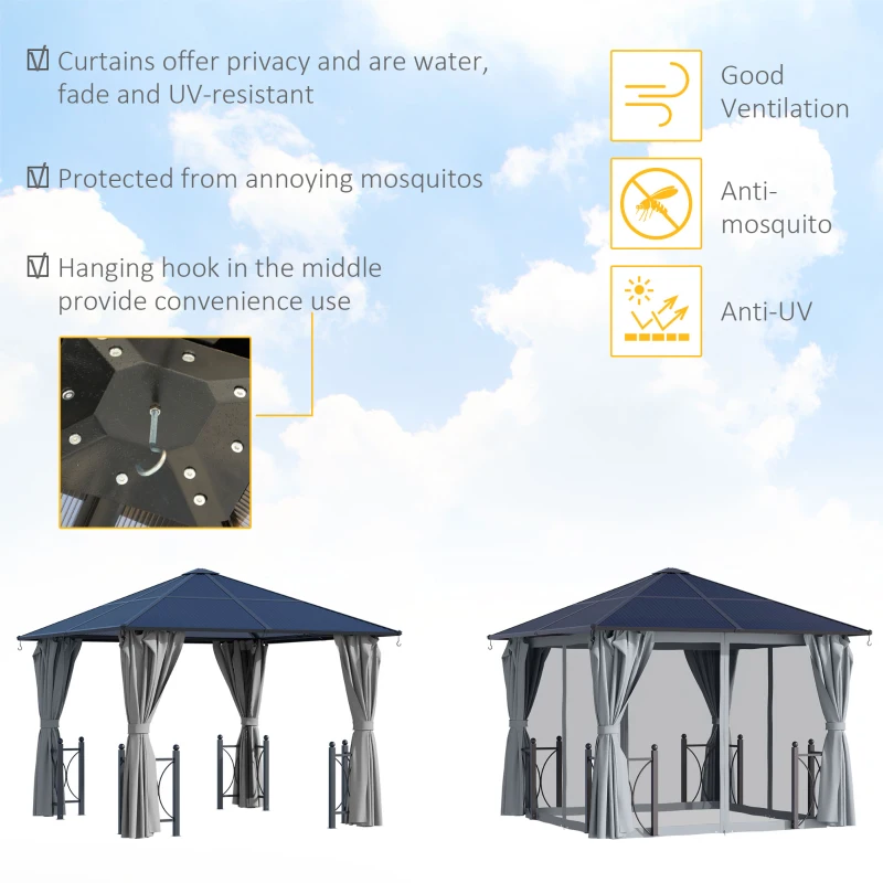 Best 3 x 3(m) Hardtop Gazebo Canopy with Polycarbonate Roof, Steel & Aluminium Frame, Garden Pavilion with Mosquito Netting and Curtains, Black - Image 6