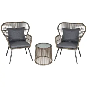 Best 3 Pieces Rattan Bistro Set, Wicker Garden Furniture Set with Cushions, Glass Top Coffee Table and Chairs for Outdoor, Patio, Balcony, Grey