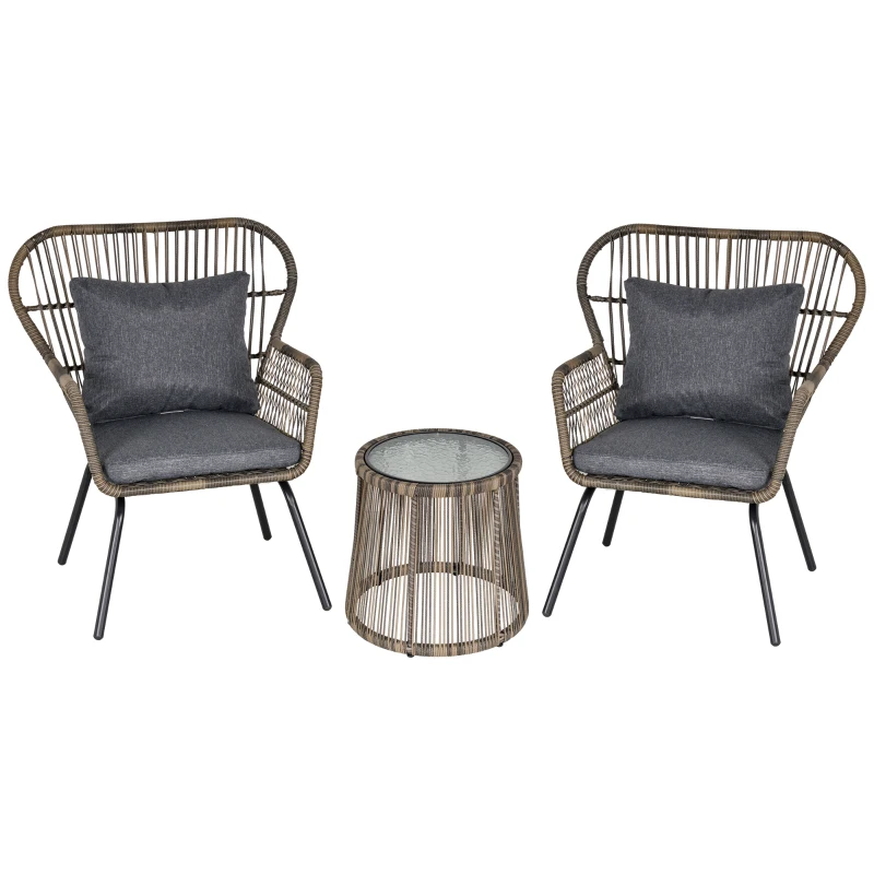 Best 3 Pieces Rattan Bistro Set, Wicker Garden Furniture Set with Cushions, Glass Top Coffee Table and Chairs for Outdoor, Patio, Balcony, Grey