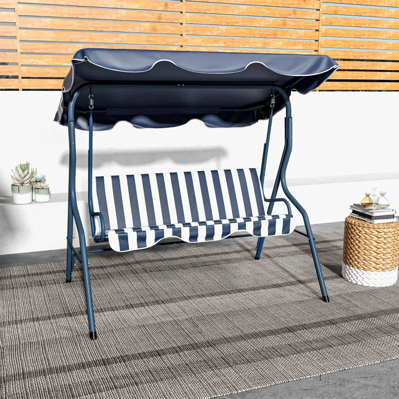 Best 3 Seater Garden Swing Seat Chair Outdoor Bench with Adjustable Canopy and Metal Frame, Blue Stripes - Image 7