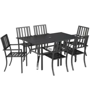 Best 7 Pieces Garden Table and Chairs 6 Seater Outdoor Table and Chairs with Umbrella Hole, for Poolside, Garden, Black
