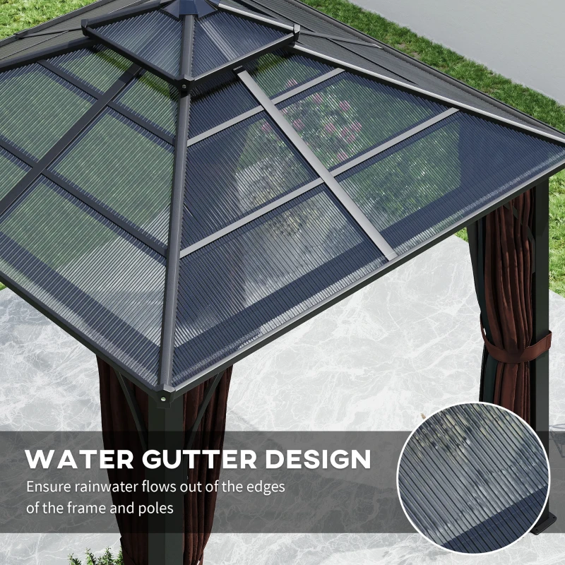 Best 3 x 3(m) Hardtop Gazebo Canopy with 7mm Double Polycarbonate Roof, Garden Gazebo Permanent Pavilion with Mosquito Netting and Curtains for Patio, Deck, Brown - Image 6