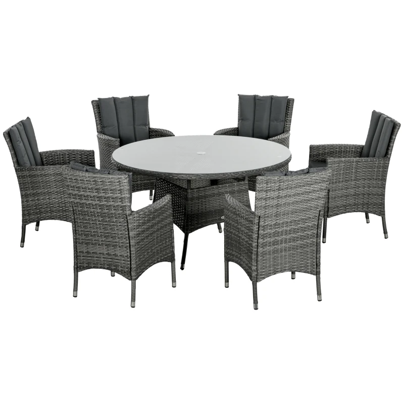 Best Seven-Piece Rattan Dining Table, with Round Glass-Top Table - Mixed Grey