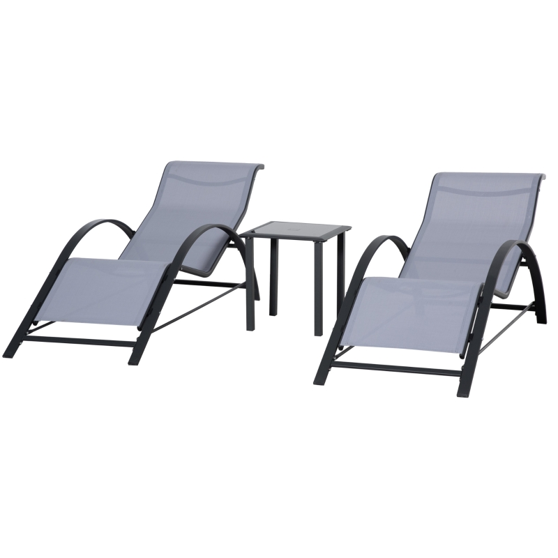 Best 3 Pieces Lounge Chair Set Metal Frame Garden Outdoor Recliner Sunbathing Chair with Table, Light Grey - Image 12