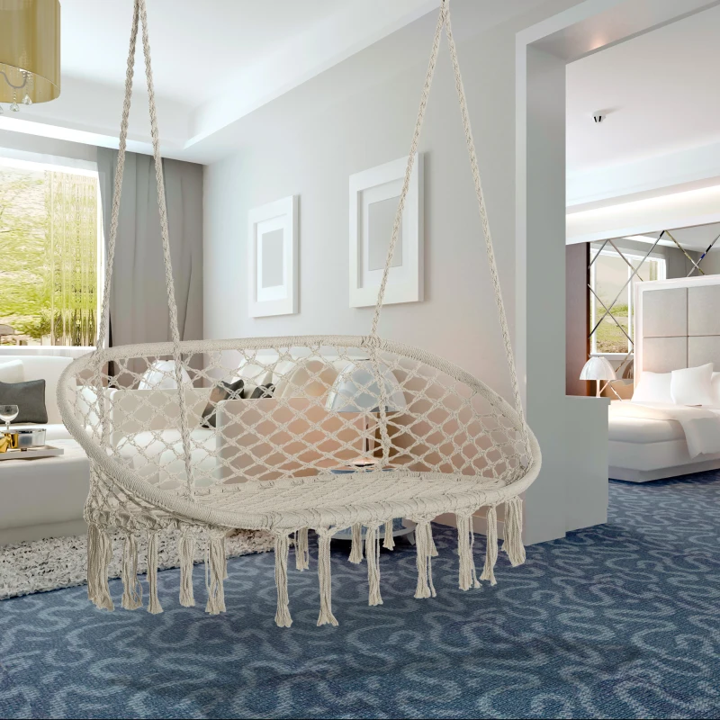 Best Hanging Hammock Chair Cotton Rope Porch Swing with Metal Frame, Large Macrame Seat for Patio, Garden, Bedroom, Living Room, Cream White - Image 2