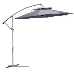 Best 2.7m Garden Banana Parasol Cantilever Umbrella with Crank Handle, Double Tier Canopy and Cross Base for Outdoor, Hanging Sun Shade, Dark Grey