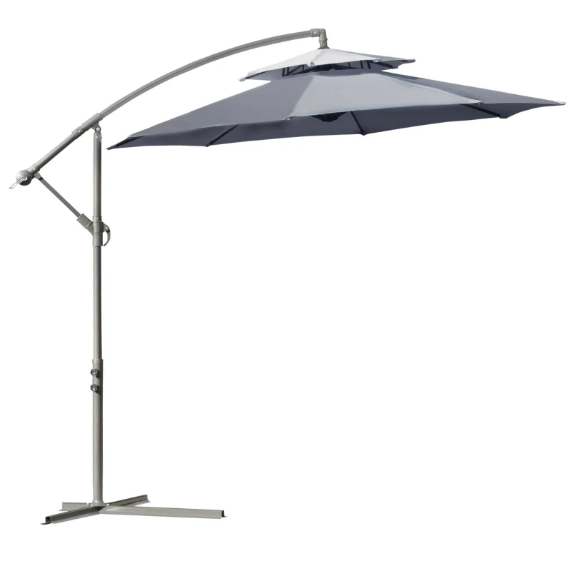 Best 2.7m Garden Banana Parasol Cantilever Umbrella with Crank Handle, Double Tier Canopy and Cross Base for Outdoor, Hanging Sun Shade, Dark Grey