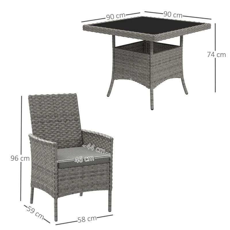 Best Rattan Garden Furniture Set, Outdoor Dining Table and Chairs 4 Seater with Cushions, Square Tempered Glass Top, 4 Armchairs, for Balcony, Terrace, Conservatory, Grey - Image 3