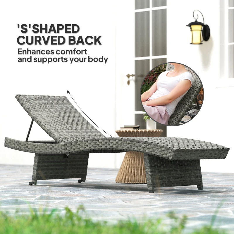 Best Outdoor PE Rattan Sun Lounger, Folding Wicker Garden Lounger Recliner with 4-Level Adjustable Backrest, Rolling Sunbed Lounge Chair with Wheels, Non-Slip Legs for Balcony, Beach, Mixed-grey - Image 4