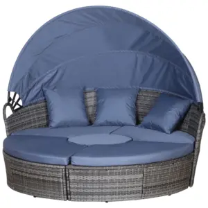 Best PE Rattan Lounge Set, 5 Pieces Patio Conversation Furniture Set, Garden Round Sofa Bed with Cushion and Retractable Canopy, Grey