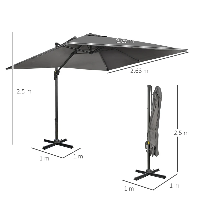 Best 2.7 x 2.7 m Cantilever Parasol, Square Overhanging Umbrella with Cross Base, Crank Handle, Tilt, 360° Rotation and Aluminium Frame, Dark Grey - Image 3