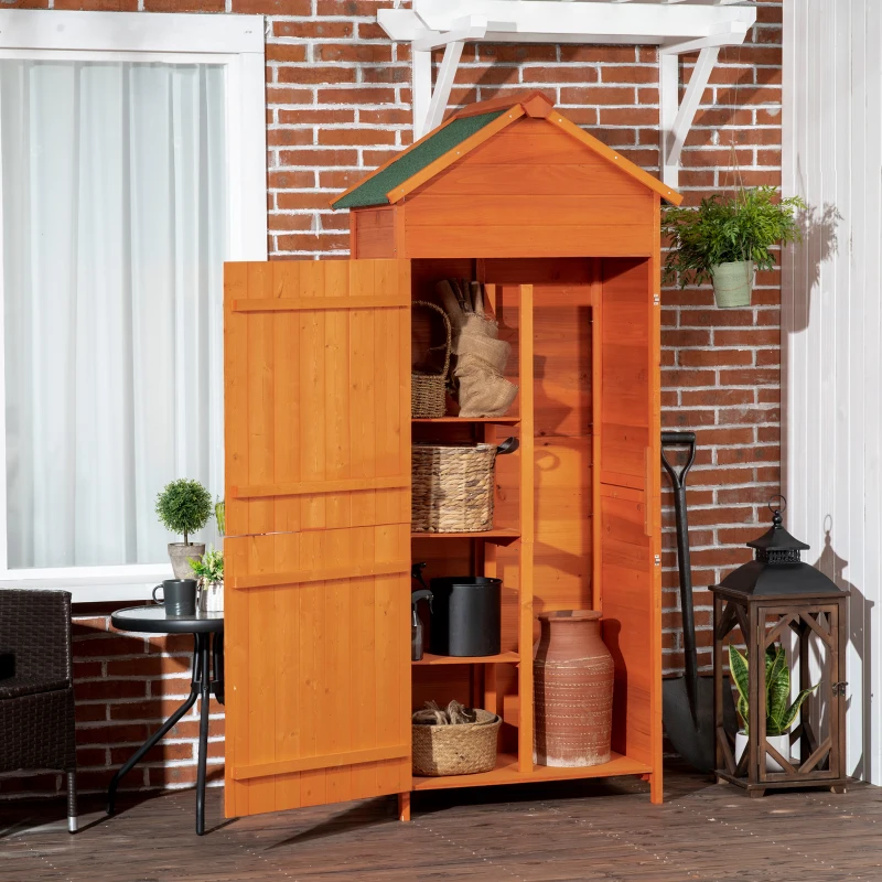 Best Wooden Outdoor Storage Shed, Compact Utility Outdoor Tool Shed with Lockable Double Doors and Shelves, Orange - Image 2