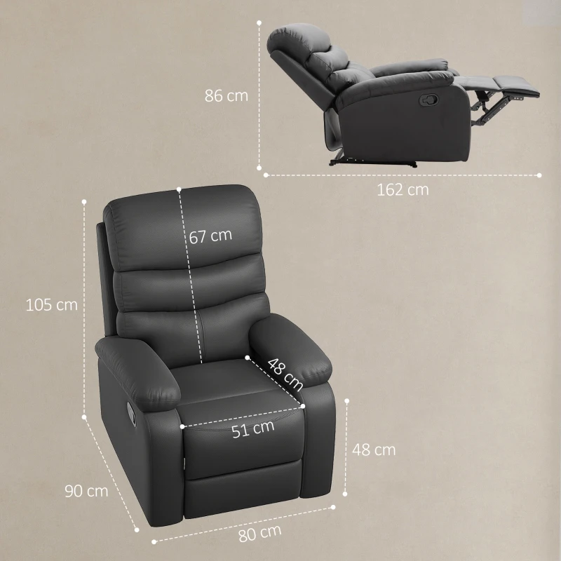 Best PU Leather Reclining Chair, Manual Recliner Chair with Padded Armrests, Retractable Footrest and Wood Frame, Black - Image 3