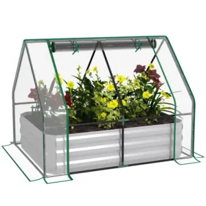 Best Raised Garden Bed with Greenhouse, Steel Planter Box with Plastic Cover, Roll Up Window, Dual Use for Flowers, Vegetables, Fruits and Herbs, 127L x 95W x 92H cm, Clear