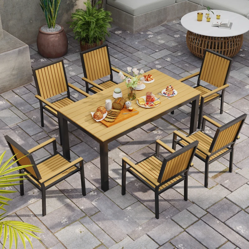 Best 6 Seater Garden Dining Set with Stackable Chairs, Aluminium Frame, Rectangular Plastic Top, Garden Furniture Set, Outdoor Dining Table and Chairs for Patio, Balcony, Poolside, Nature Wood - Image 7