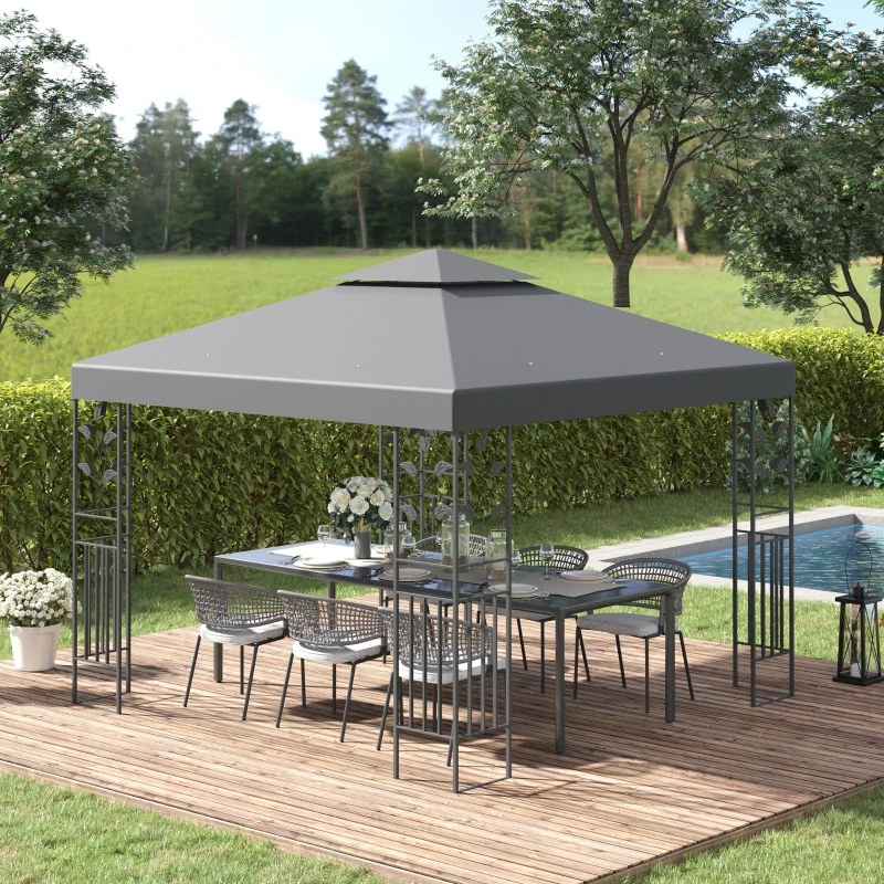 Best 3 x 3m Outdoor Steel Gazebo with 2 Tier Roof, Garden Gazebo Patio Canopy Marquee Shelter with Decorative Steel Frame - Grey - Image 2