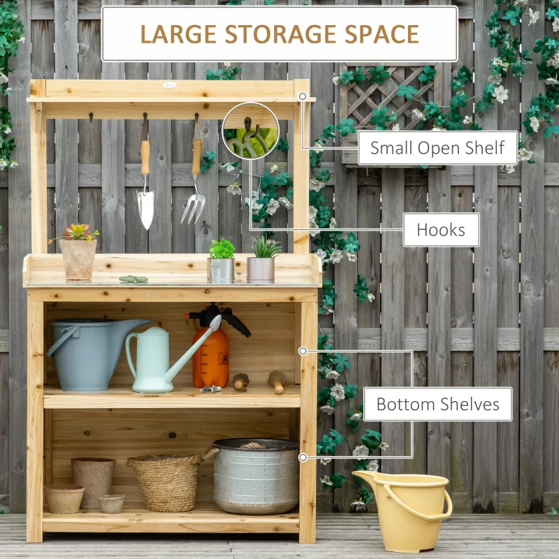 Best Garden Potting Bench Table, Wooden Workstation Bench w/ Galvanized Metal Tabletop, Storage Shelves and Hooks, Natural - Image 5