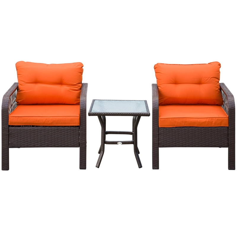 Best 3 Pieces Rattan Bistro Set with Glass Top Coffee Table, Chairs and Cushions for Outdoor, Patio, Balcony, Orange - Image 11