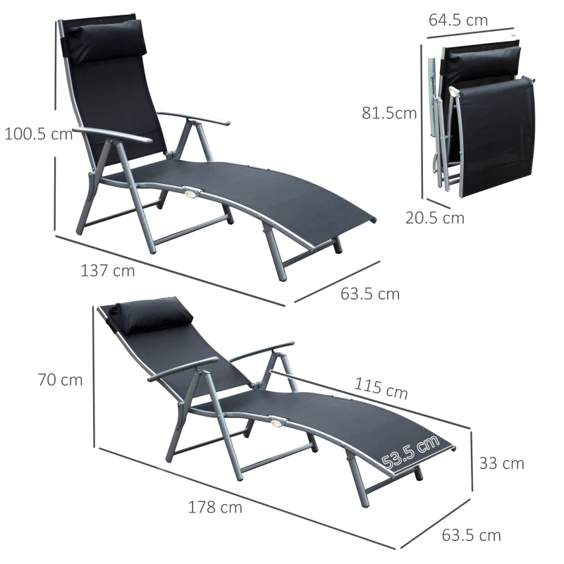 Best Sun Lounger Steel Frame Outdoor Folding Chaise Texteline Lounge Chair Recliner with Headrest & 7 Levels Adjustable Backrest, Black - Image 3