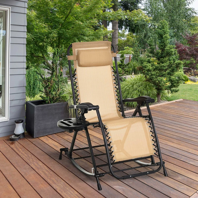 Best Garden Rocking Chair Folding Recliner Outdoor Adjustable Sun Lounger Rocker Zero-Gravity Seat with Headrest Side Holder Patio Deck - Beige - Image 2