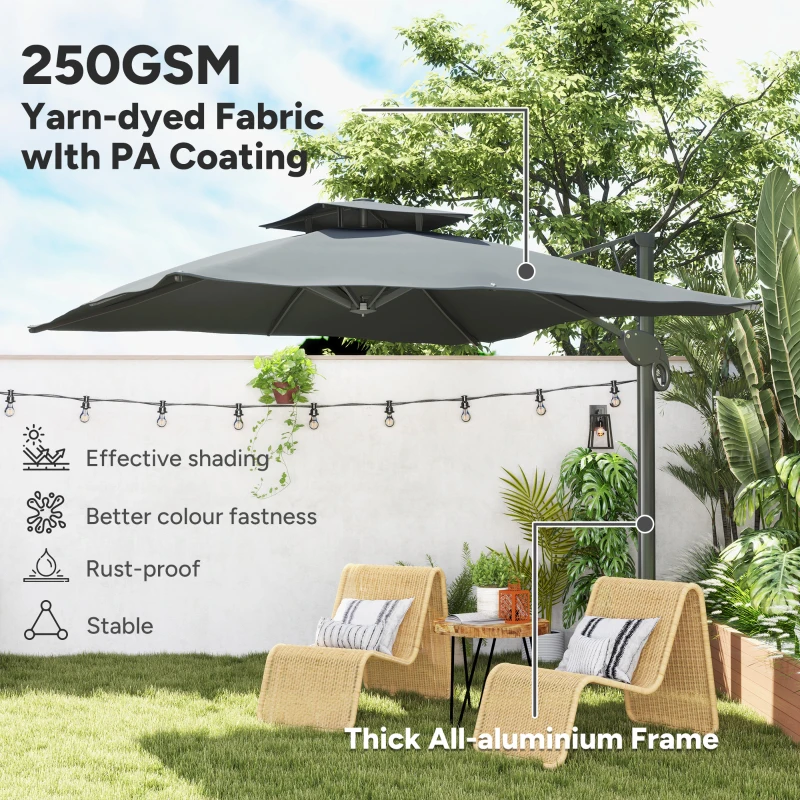 Best 3m Thick Fabric Cantilever Garden Parasol, with Cross Base - Grey - Image 6