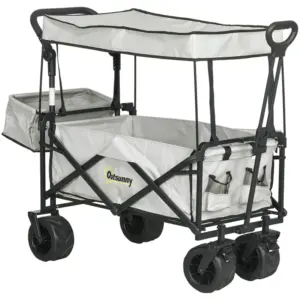 Best Folding Trolley Cart Storage Wagon Beach Trailer 4 Wheels with Handle Overhead Canopy Cart Push Pull for Camping, Grey