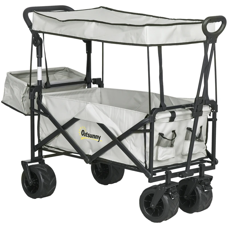 Best Folding Trolley Cart Storage Wagon Beach Trailer 4 Wheels with Handle Overhead Canopy Cart Push Pull for Camping, Grey