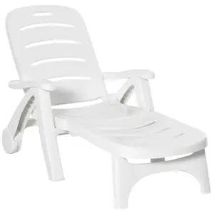Best Outdoor Folding Sun Lounger Recliner on Wheels w/ 5-Position Backrest, White