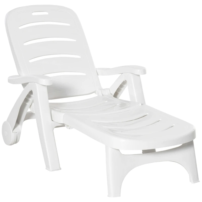 Best Outdoor Folding Sun Lounger Recliner on Wheels w/ 5-Position Backrest, White