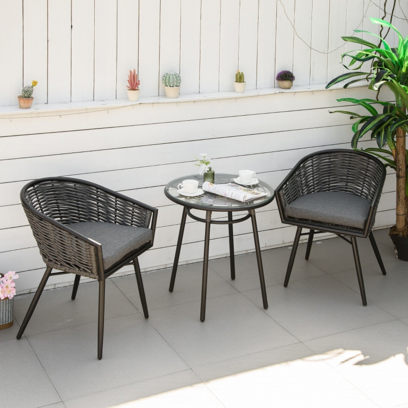 Best 3 Pieces Rattan Bistro Set, Wicker Garden Furniture Set with Round Glass Top Coffee Table and Chairs, Washable Cushions for Outdoor, Patio, Balcony, Grey - Image 10