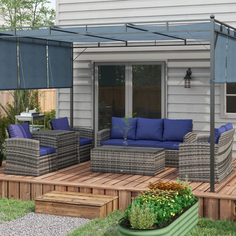 Best 6 Pieces Rattan Garden Furniture Set, 7 Seater Wicker Outdoor Furniture Set with Storage Tea Table & Side Table, Sectional Garden Sofa Set with Cushions, Navy Blue - Image 2