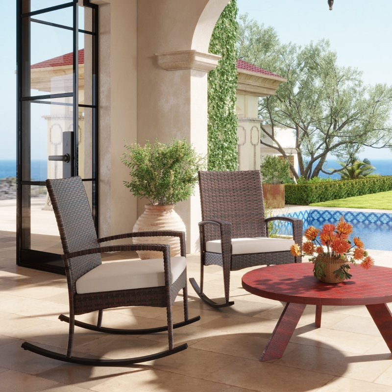 Best Outdoor PE Rattan Rocking Chair Set of 2, Garden Rocking Chair Set with Armrest and Cushion, Brown - Image 10