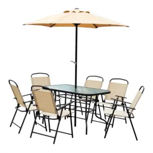 Best 8 Pieces Dining Set Furniture Garden Foldable 6 Chairs 1 Table with Parasol Beige