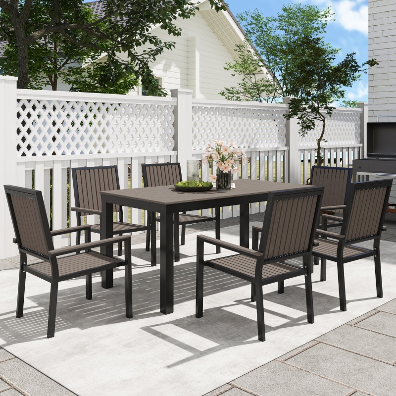 Best 6 Seater Garden Dining Set with Stackable Chairs, Aluminium Frame, Rectangular Plastic Top, Garden Furniture Set, Outdoor Dining Table and Chairs for Patio, Balcony, Poolside, Brown - Image 10