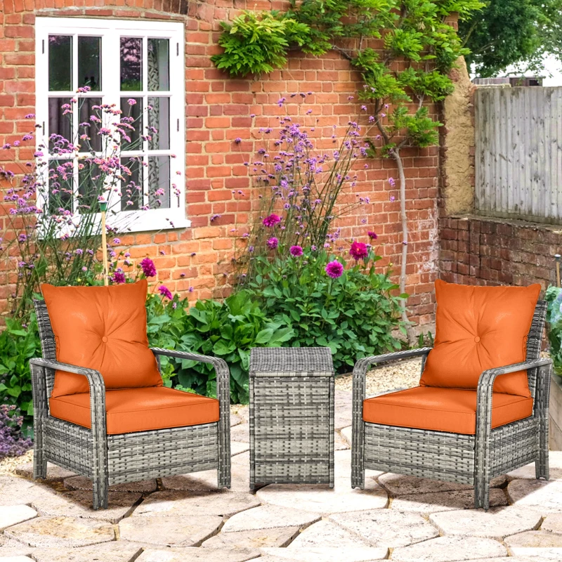 Best 3 Pieces Rattan Bistro Set, Wicker Garden Furniture Set with Storage Coffee Table and Chairs, Thickened Cushions for Outdoor, Patio, Balcony, Orange - Image 2