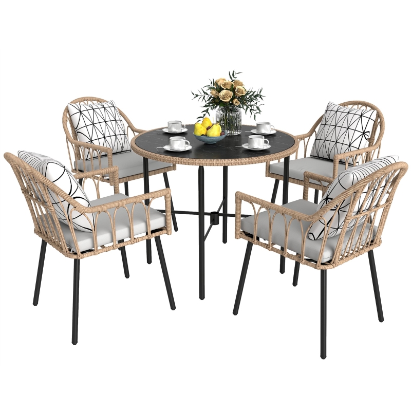 Best 5 Piece Patio Rattan Dining Set, Wicker Garden Table and Chairs w/ Removable Seat & Back Cushions, Round Tempered Glass Tabletop, Parasol Hole, Outdoor Furniture Conservatory Set, Light Brown - Image 10